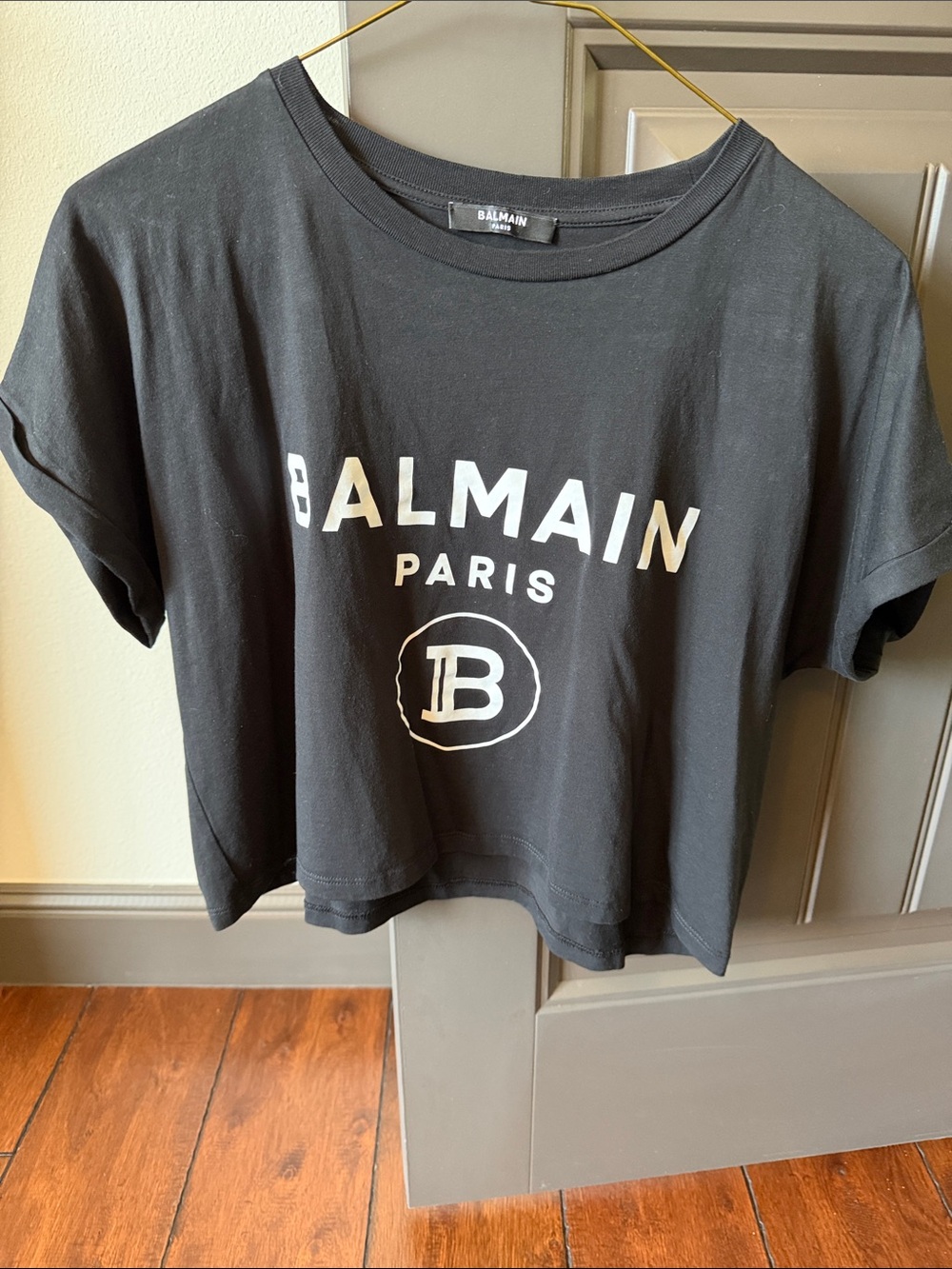 Balmain Black Cropped Logo Tee with White Print